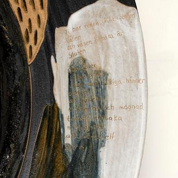 Eva Bengtsson, a large decorative chamotte stoneware dish, own studio, Frillesås, 1990s.