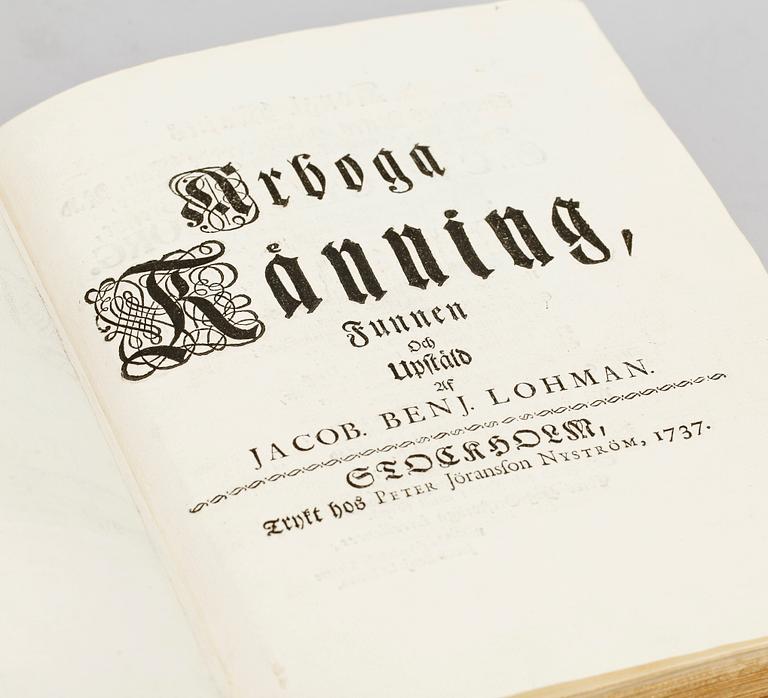 BOK, "Arboga Känning funnen och upstäld" av Jacob Benj. Lohman, Stockholm 1737.