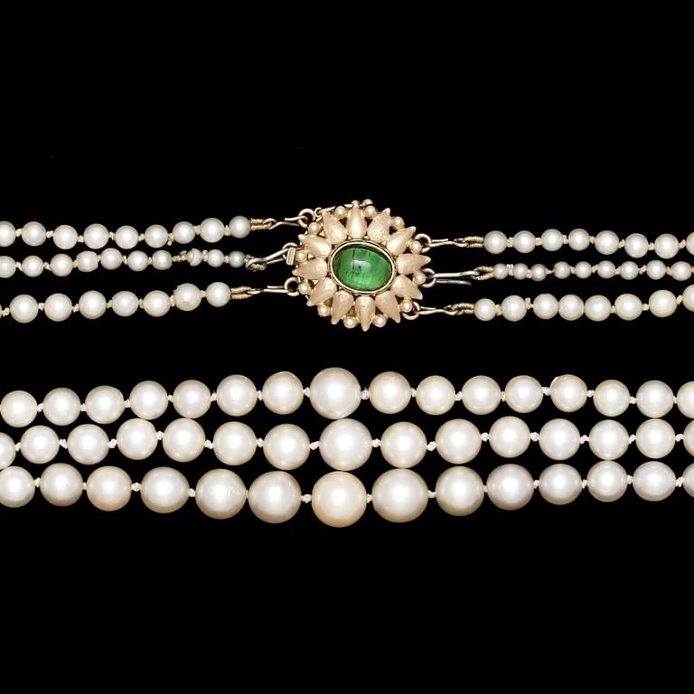 NECKLACE, three strand cultured pearls.