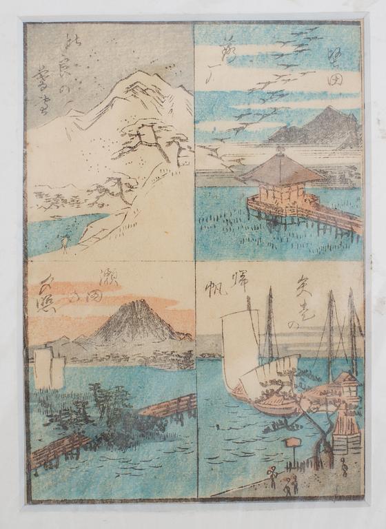 Five coloured woodblock prints, including after Hiroshige, Japan, 19th/20th century.