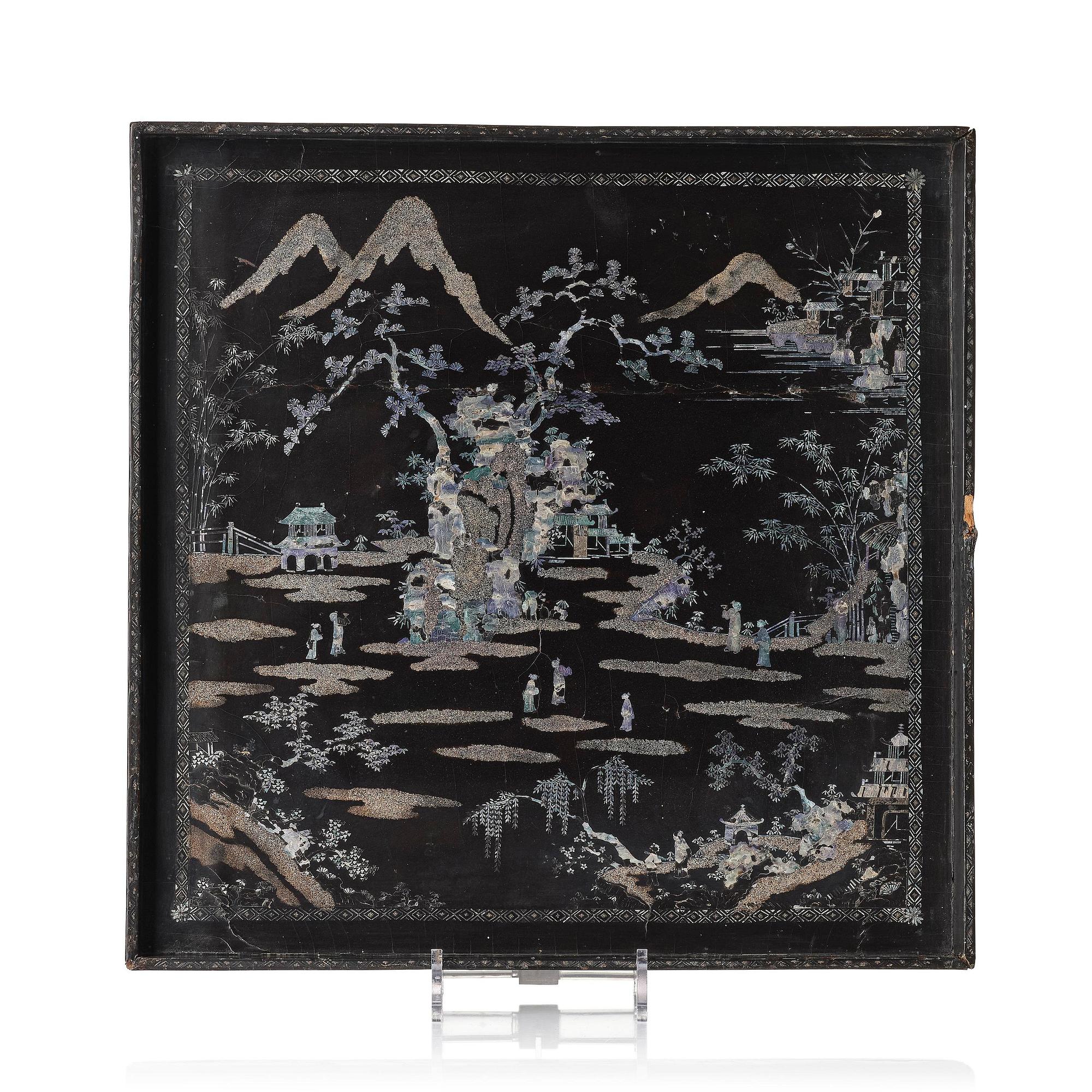 A black lacquer and mother of pearl tray, Qing dynasty, 18th century.