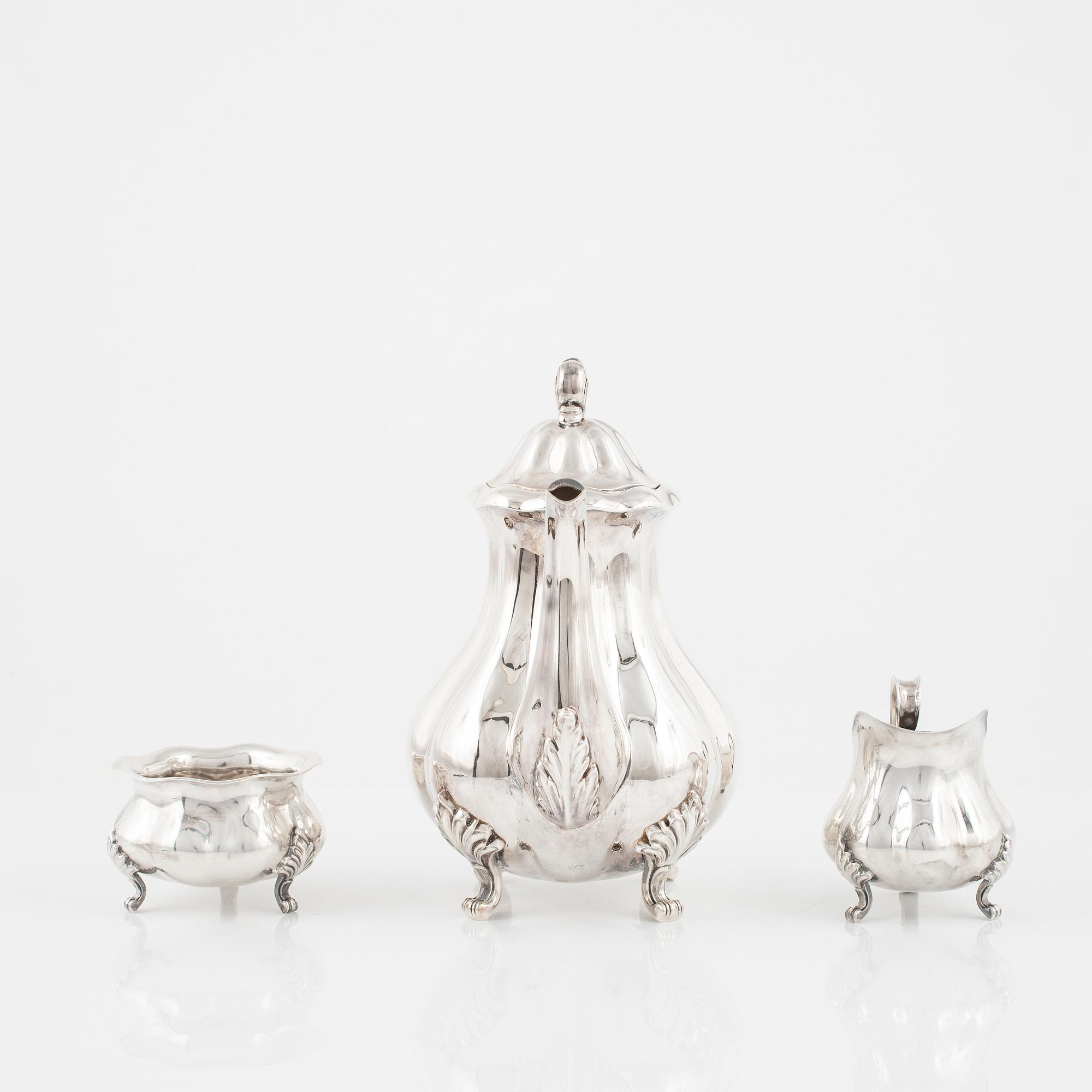 Kaffeservis, 3 delar, silver, rokokostil.