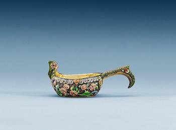 A RUSSIAN PARCEL-GILT AND ENAMEL KOVSH, makers mark of the 11th Artel, Moscow 1908-1917.