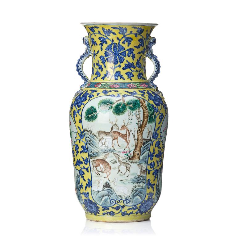 A famille rose yellow ground vase, late Qing dynasty.