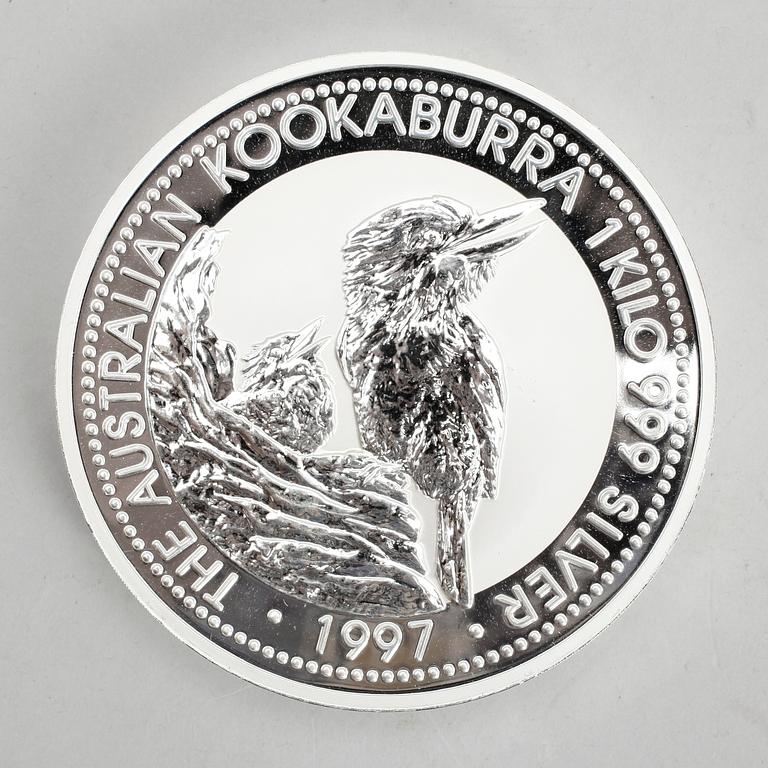 MINNESPLAKETT, silver, 30 dollars, The Australian Kookaburra, 1997. Vikt 1 kilo.