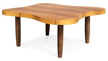 878. A G.A. Berg walnut and oak irregularly shaped sofa table, 1940-50's.