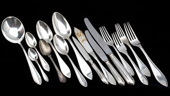 BESTICK, 40 delar, silver, Sverige 1920-tal, total vikt ca 1300g. Spetsig modell.