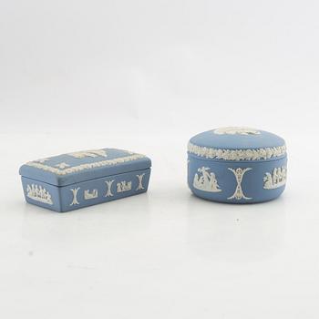 A collection of boxes, plates, etc. 8 dlrs, mostly Wedgwood England 20th century jasperware.