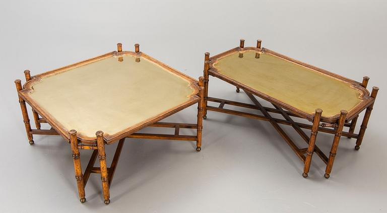 A set of two brass and wood tables later part of the 20th century.