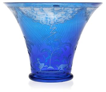 760. An Edward Hald engraved blue glass bowl, 'Åskväder' (Thunderstorm) Orrefors 1977.