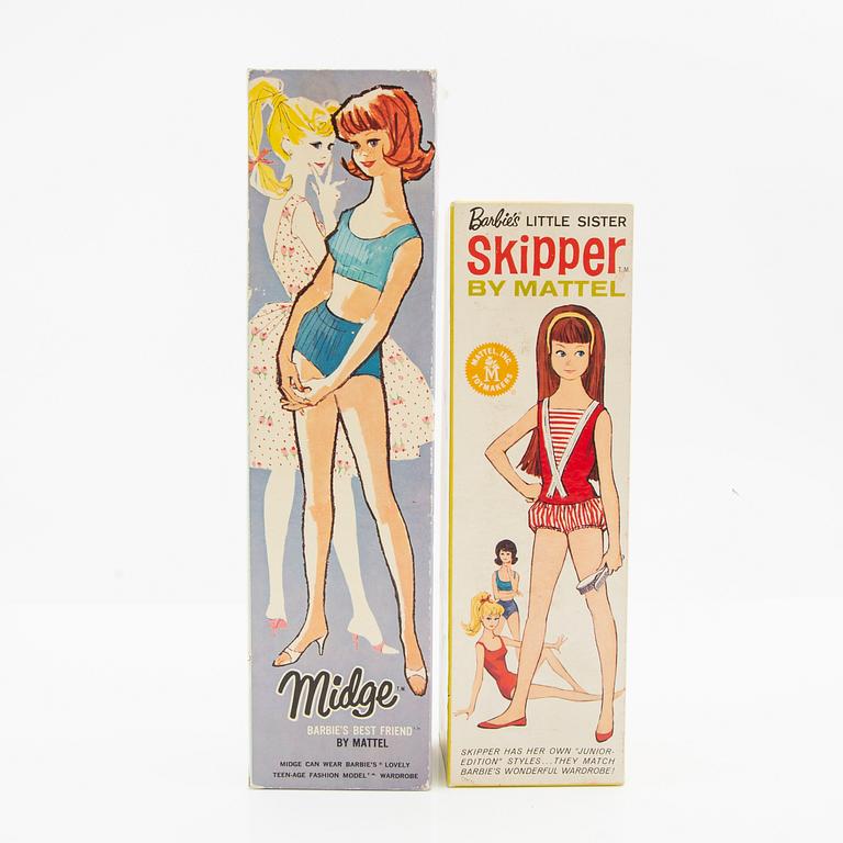 Midge and Skipper, dolls, vintage, Mattel 1960s.