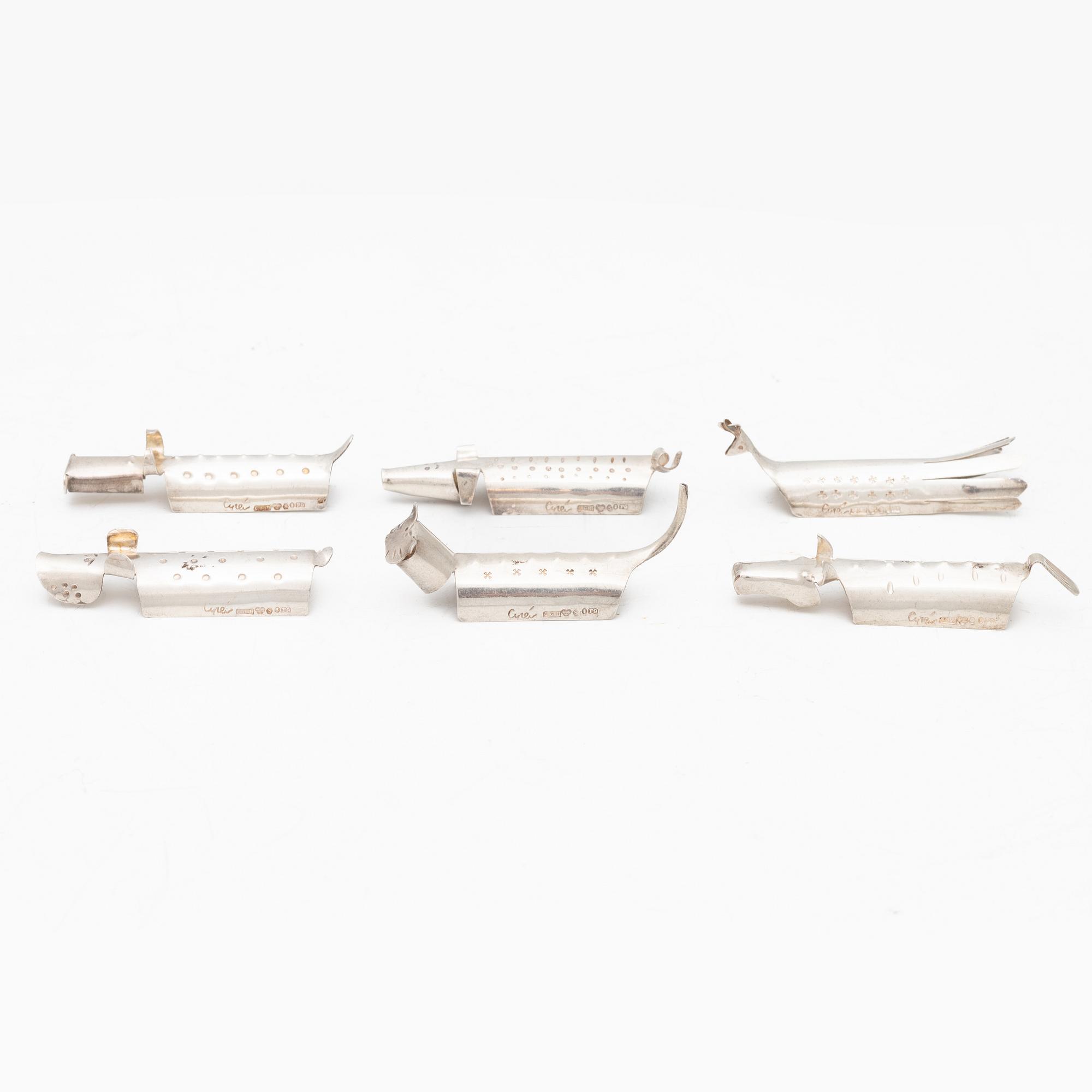 Gunnar Cyrén, six silver butter knife rests, CG Hallberg, Stockholm, 1956.