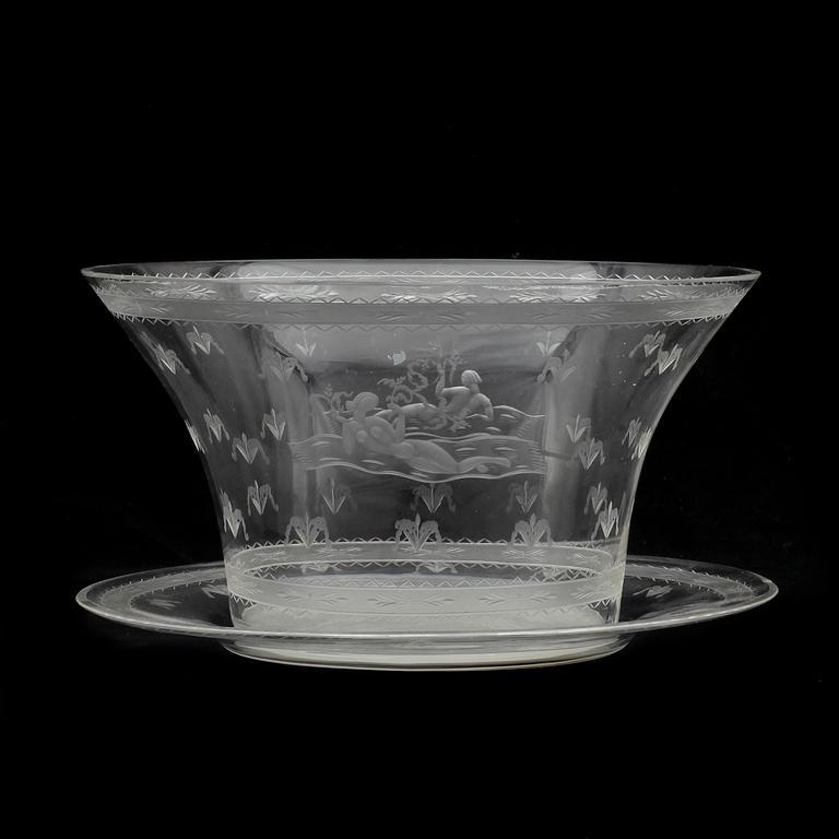 EDWARD HALD, skål med fat, glas, Orrefors, signerad, daterad 1931.