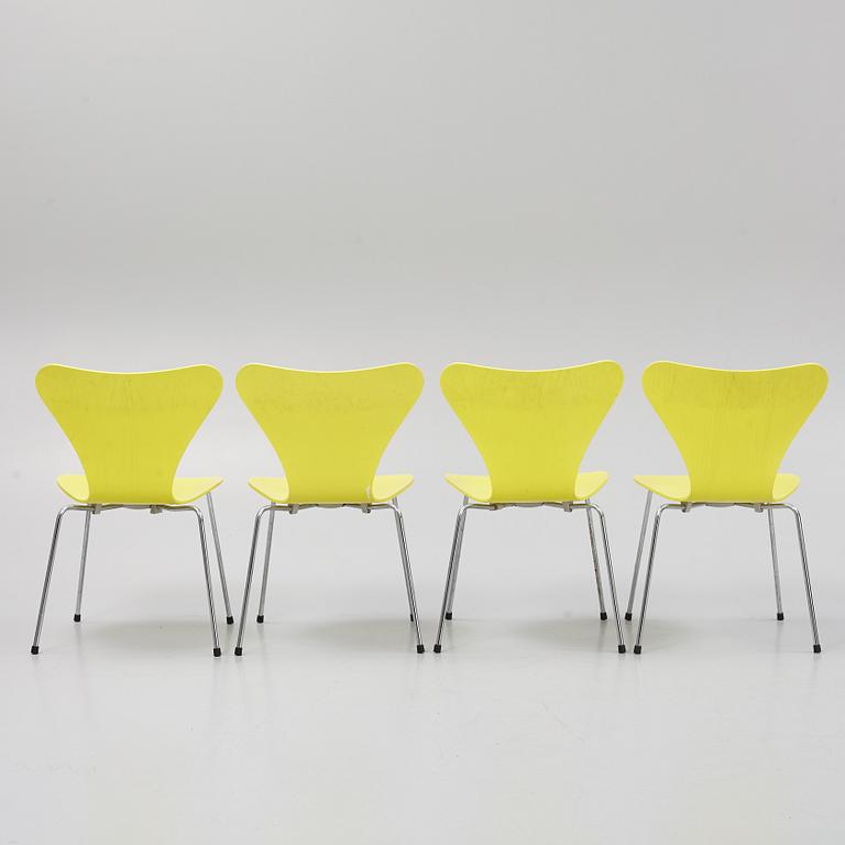 Arne Jacobsen, four 'Series 7' chairs, Fritz Hansen, Denmark, 1998.