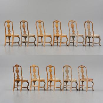 An assembled suite of eleven Swedish rococo chairs, later part 18th century.