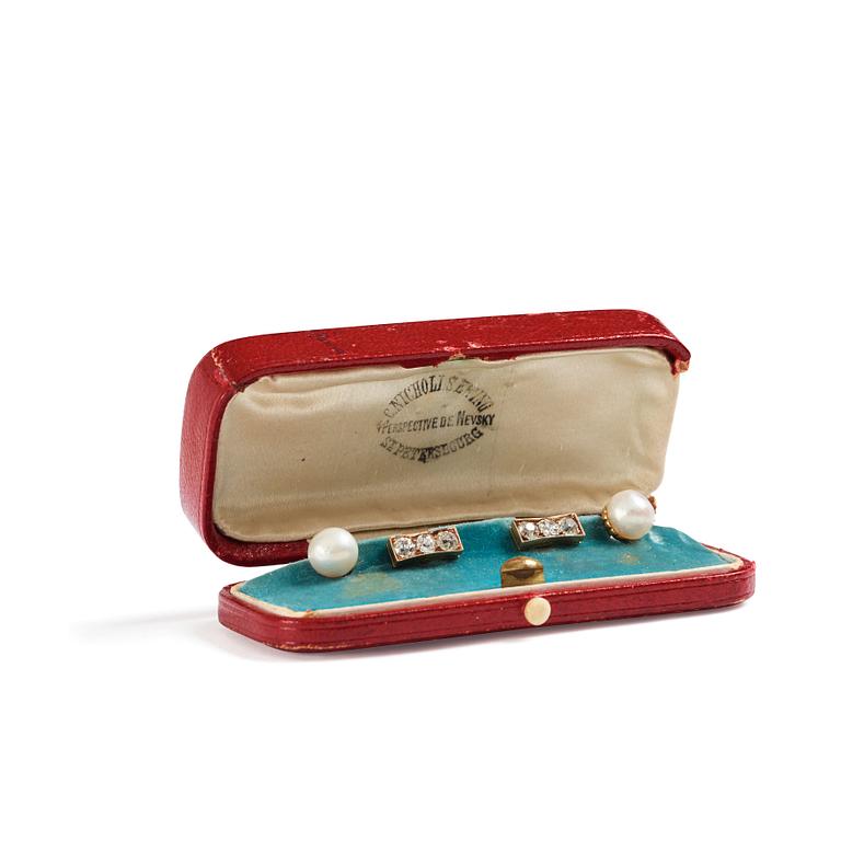 A pair of jewelled, pearl and gold Imperial presentation cufflinks by Constantine Nicholls Ewing, St Petersburg ,