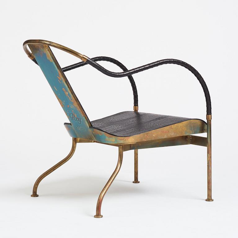 Mats Theselius, an "El Rey" brass and black leather armchair, Källemo, Sweden post 1999.