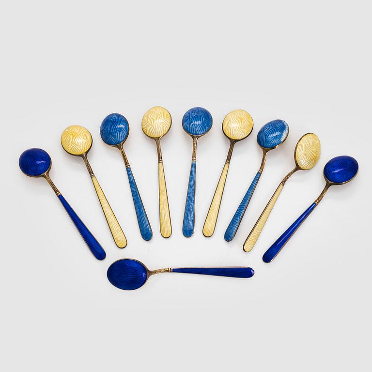 Tillander, a 10-piece set of enamelled and gilt silver coffee spoons, Helsinki.