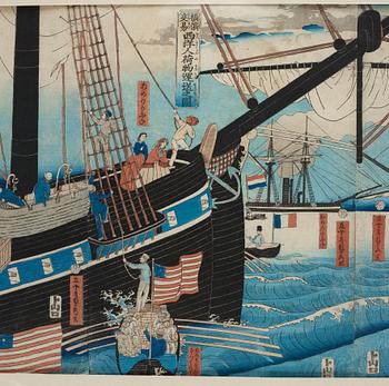 A pentatych by Utagawa Sadahide (1807-1873), woodblock in colours, "Yokohama koeki seiyojin kamotsu unso no zu".