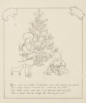 110. Elsa Beskow, Gnällmåns vid julgranen.