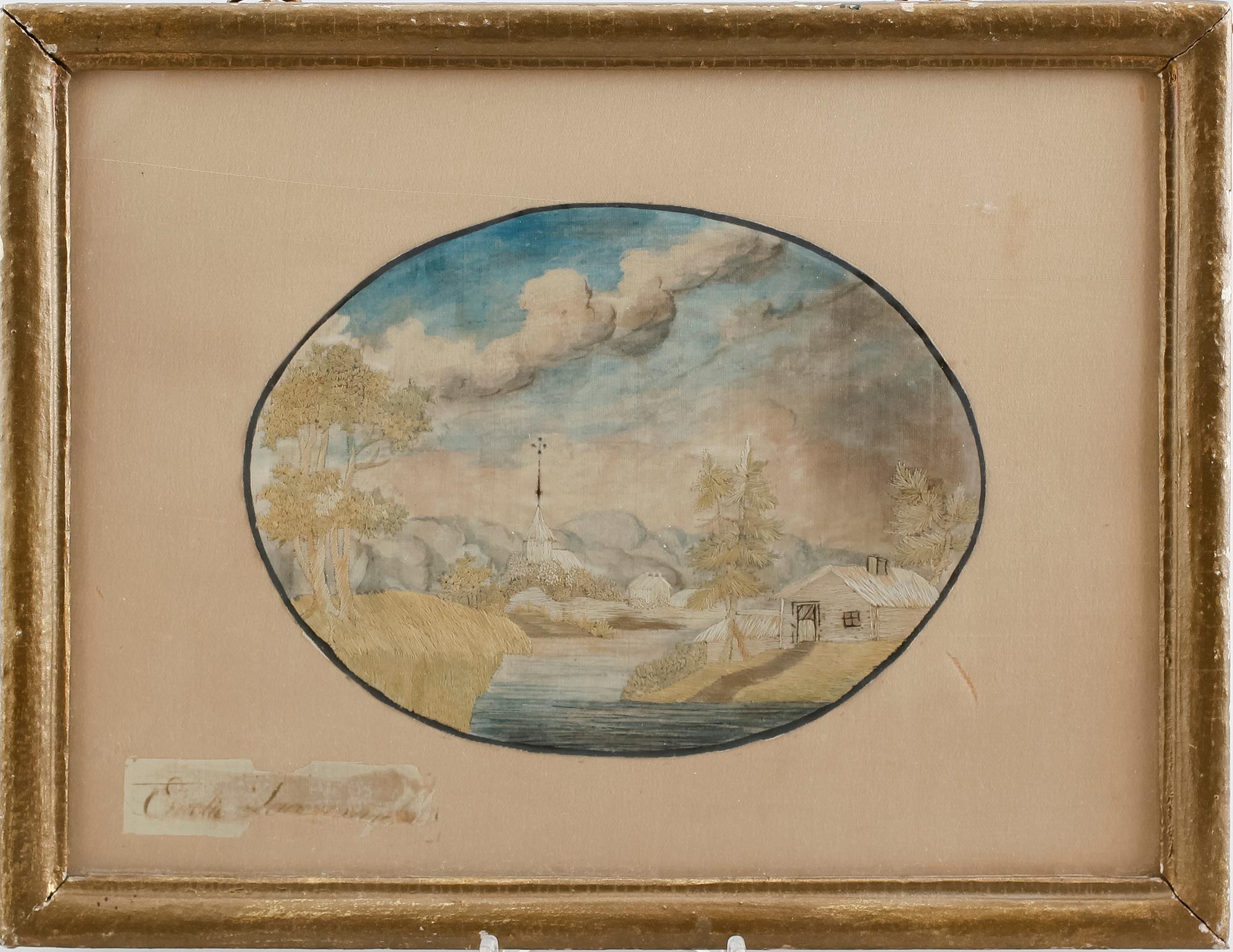 SIDENBRODERI, samt akvarell,  otydligt signerad, 1800-talets första hälft.