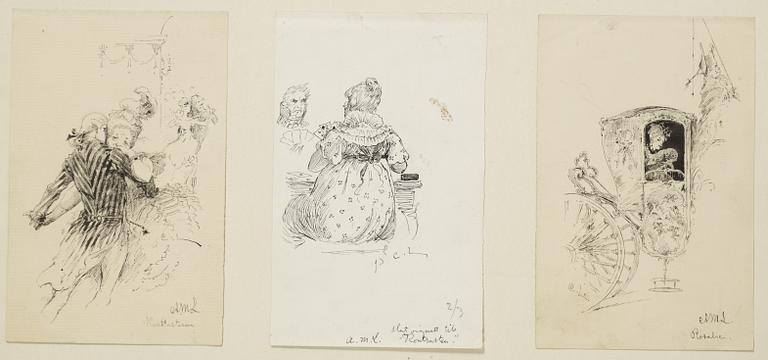 Carl Larsson,  6 drawings, signed C.L, Indian ink and hightening white mounted on cardboard.