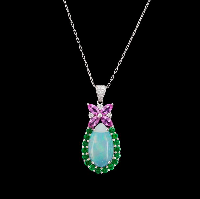 An opal, 3.36 cts, pink sapphire and brilliant cut diamond pendant, tot. 0.15 cts.