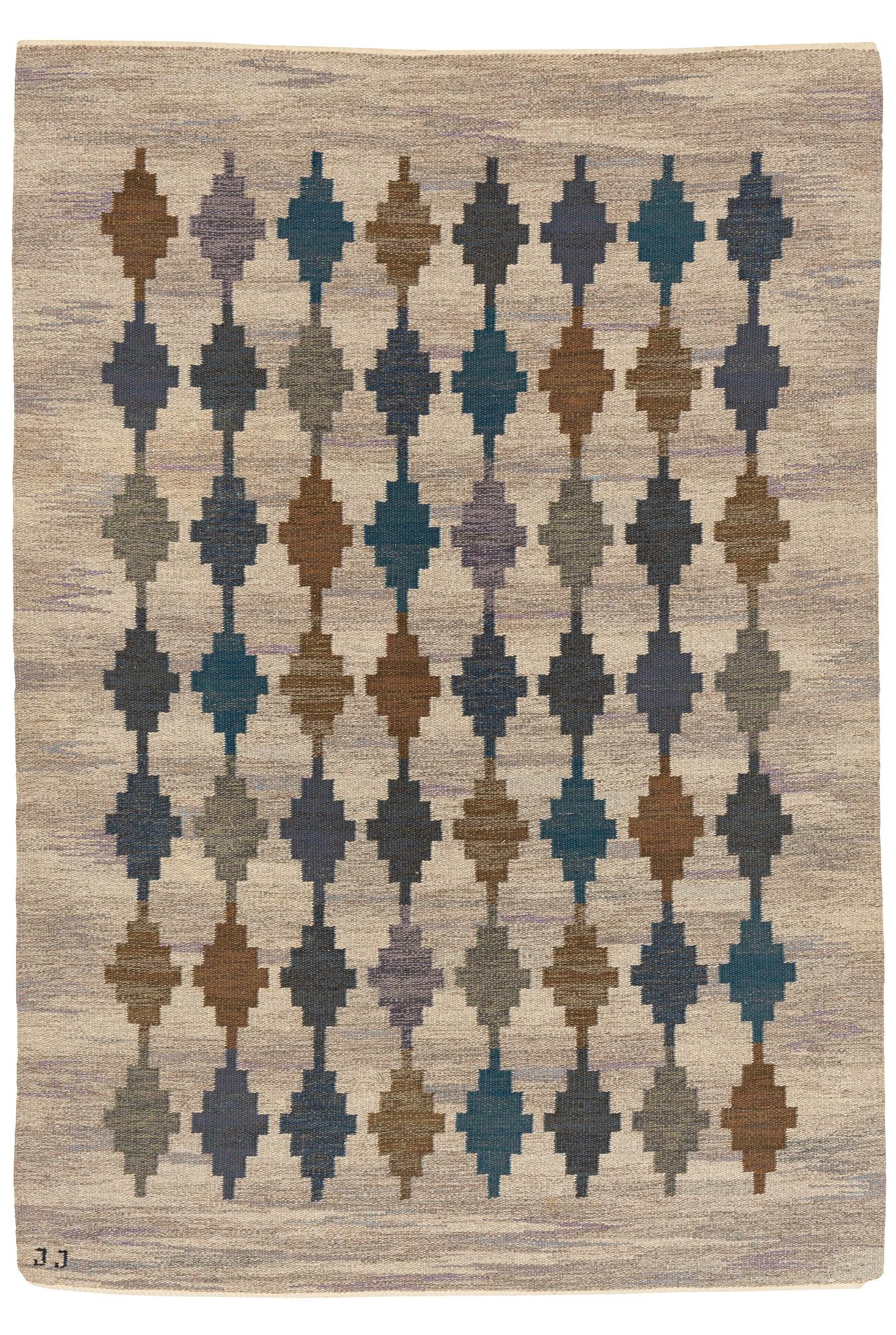 Judith Johansson, a carpet, "Regn", flat weave, ca 241 x 170 cm, signed JJ.