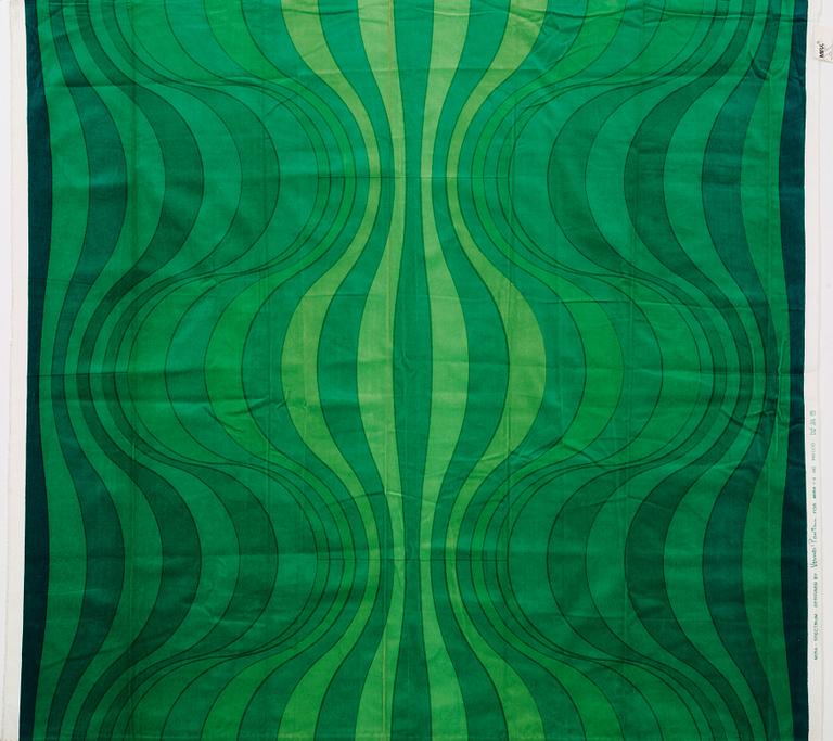 Verner Panton, CURTAINS, 3 PIECES, AND SAMPLERS, 10 PIECES.  Cotton velor. A variety of green nuances and patterns. Verner Panton.