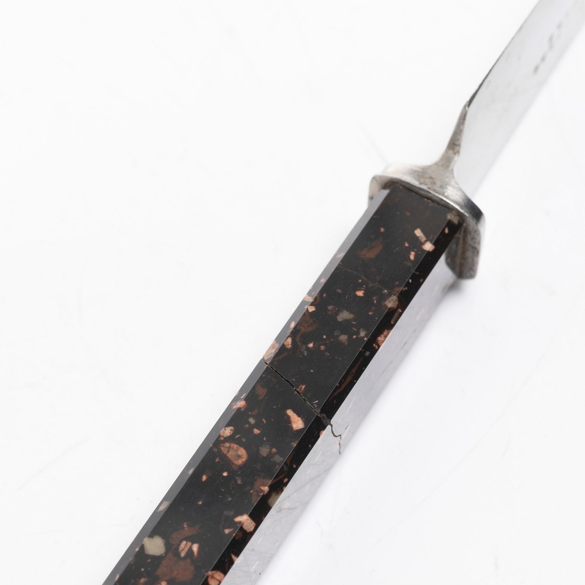 Six 19th century table knives with porphyry handles, Sweden.