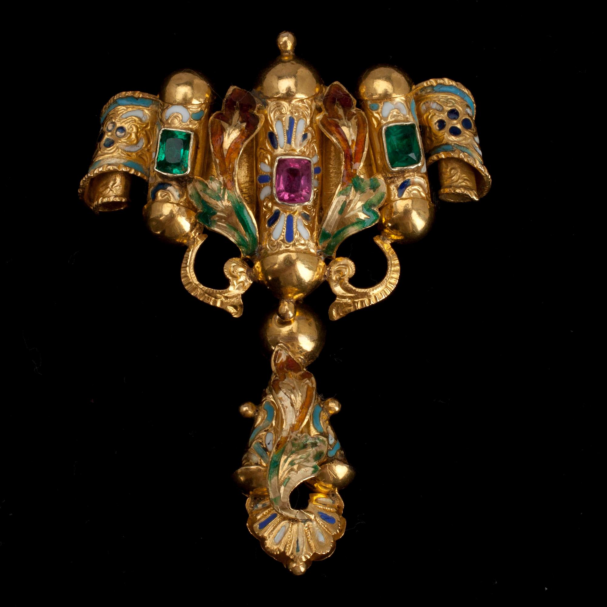 BROSCH, 18K guld, emalj, folierade stenar. Sent 1800 t. Troligen Österrike. Vikt 11 g.