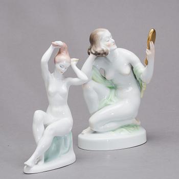 A Herend Porcelain Woman Figurine with Mirror and a Aquincum Budapest porcelain woman. Hungary.