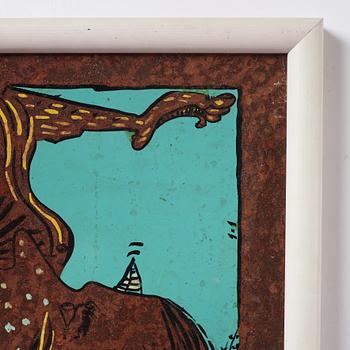 Erik Dietman, mixed media on copper sheet, signed.