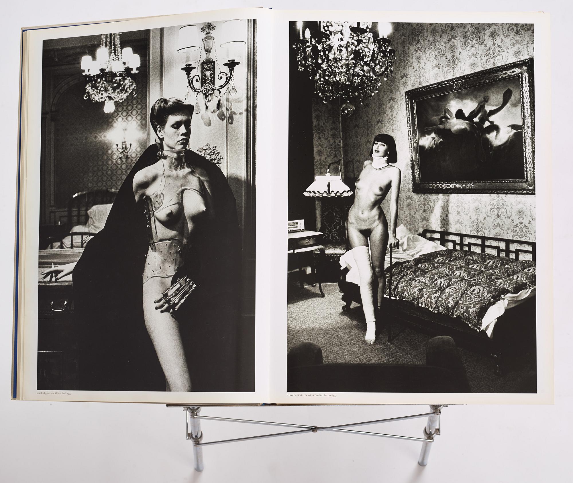 Helmut Newton, Signed book published by Taschen, Monte Carlo, 1999, ed 10000, with a metal table.
