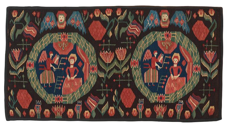 ÅKDYNA (agedyna). "Bebådelsen". Flamskväv. 52 x 96,5 cm. Skåne 1800-talets förra hälft.