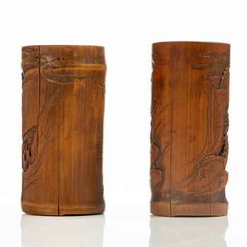 Two Chinese bamboo brush stands, late Qing dynasty / 20th century.