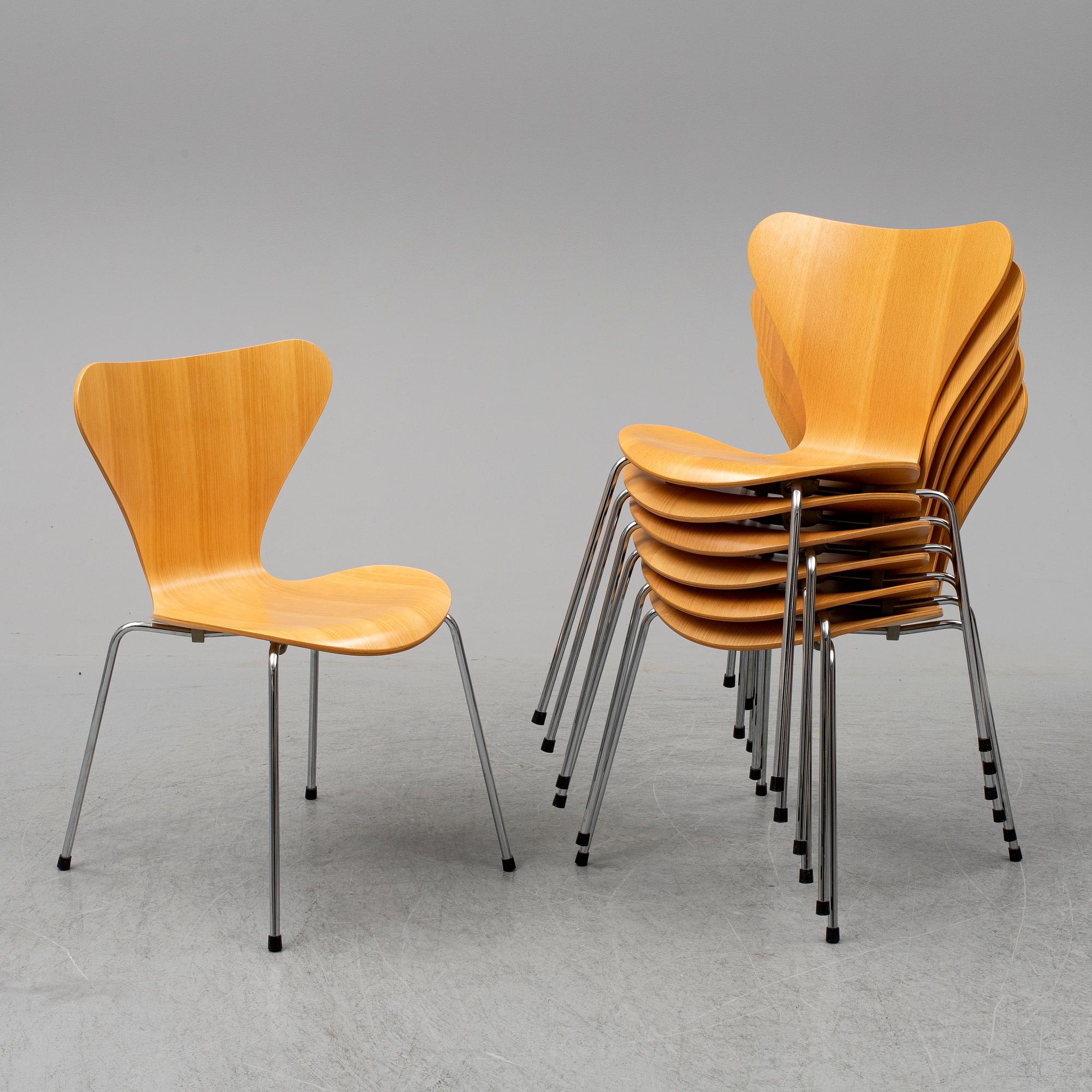 ARNE JACOBSEN, stolar 7 st, ”Sjuan”, Fritz Hansen, Danmark, 1900-talets slut.
