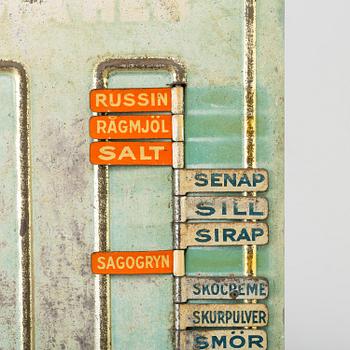 INKÖPSSKYLT, plåt, 1900-talets mitt.