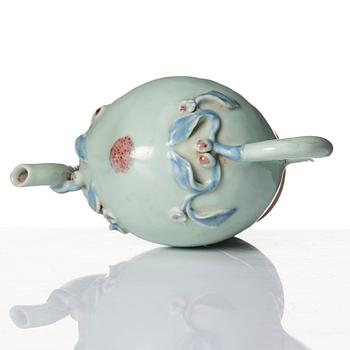 A celadon and underglaze blue and red glazed Cadogan tea pot, Qing dynasty, 19th Century.