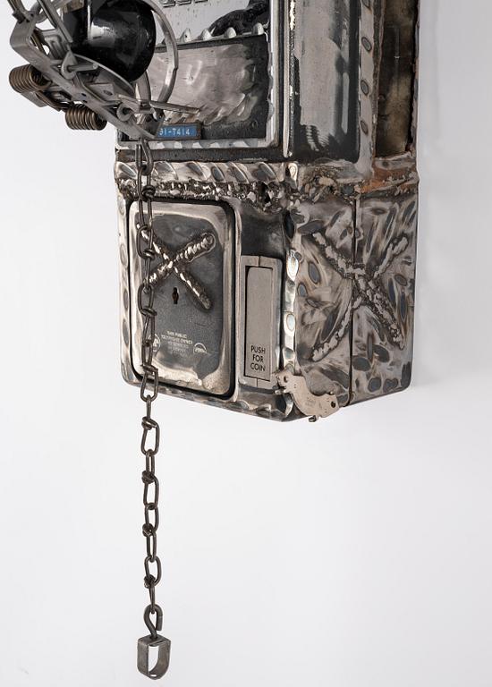 Jason Matthew Lee, hardrive magnets, animal trap, on cut and welded payphones. Executed in 2017.