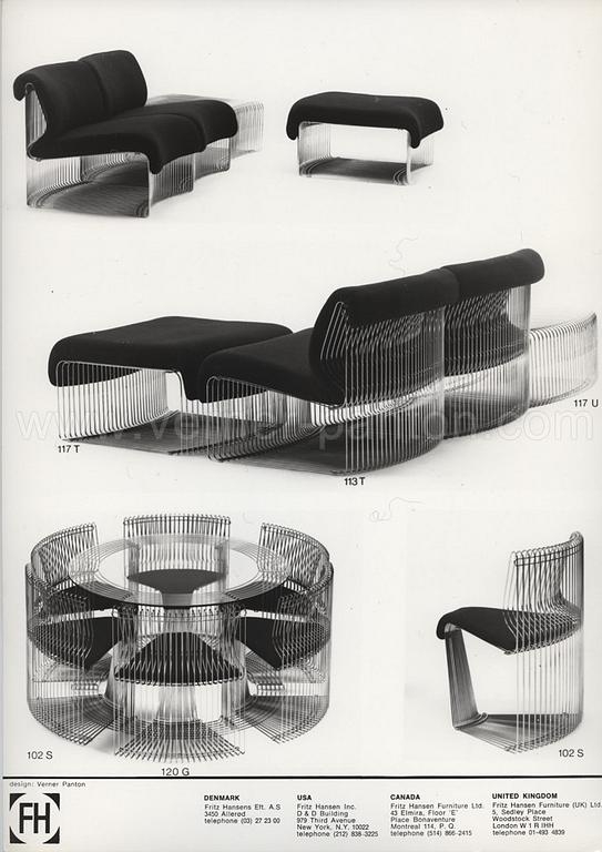 Verner Panton, "Pantonova", matbord och 6 stolar, modell "102 S-G", Fritz Hansen, Danmark 1970-tal.