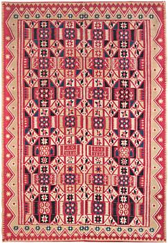 331. A flat weave bed cover, c. 182 x 126 cm, Gärds district, northeastern Scania, signed AO HID IOS, dated 1837.