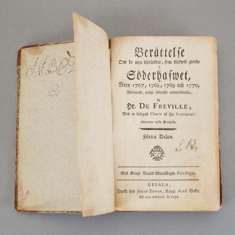 BOK, två delar i en vol, "Berättelse om de upptäckter...Söderhafwet..." av De Freville, Uppsala 1776.