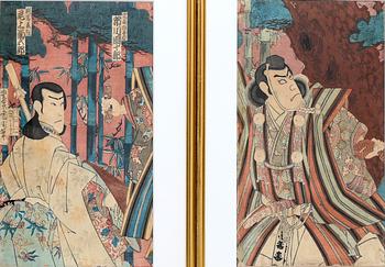 Three woodcuts, Yoshu Chikanobu and two parts of a triptych, unknown artist, Japan 19th century.