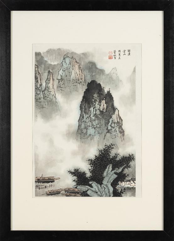 A Chinese painting, ink and colour on paper laid on silk, signed Yang Denhong.