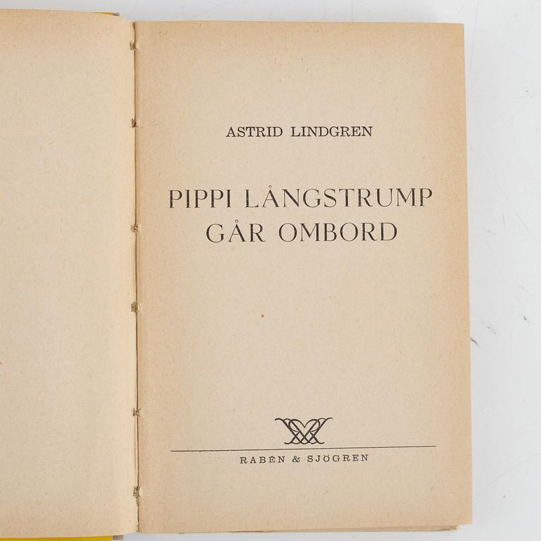 Three books, Astrid Lindgren, Pippi Longstocking, First editions, Rabén & Sjögren, Stockholm, 1945-48.