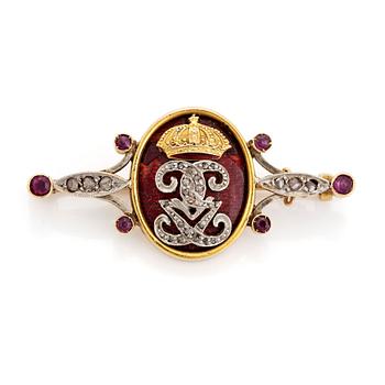 492. An 18K gold and enamel brooch set with rose-cut diamonds and faceted rubies.