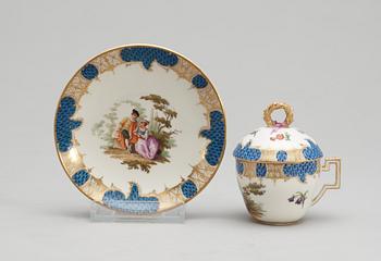 A Meissen cup with saucer and cover, 18th century.