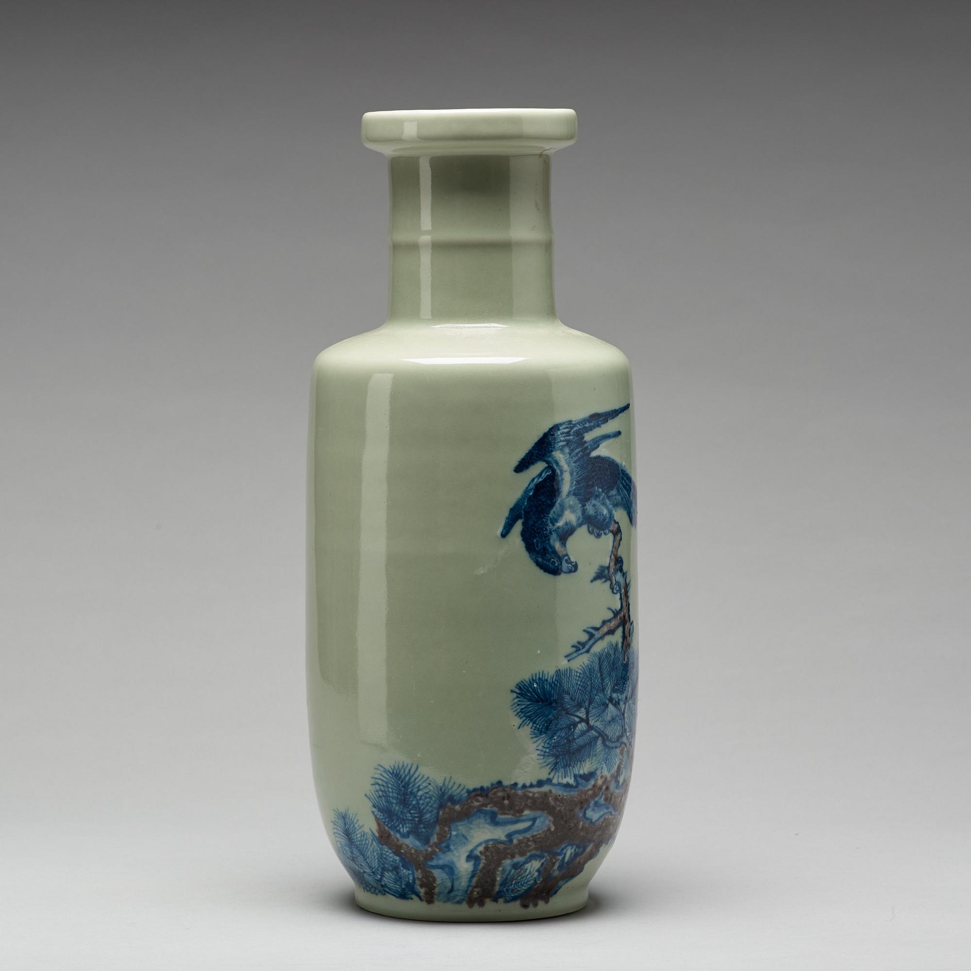 A Chinese celadon ground 'roleau' vase, Republic period, with Kangxi mark.