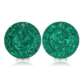 446. A pair of important Bolin 18K Gold and Gilt Silver Imperial presentation Malachite dishes, C.E. Bolin, St Petersburg, ca.